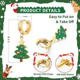 PLTGOOD Christmas Earrings for Women 18K Gold Plated Small Hoop Earrings Christmas Tree Earrings Holiday Dangle Earrings Christmas Jewelry Gift for Women