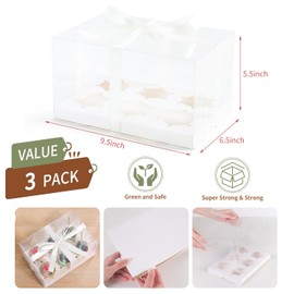 PFAMKEER 3Pcs Clear Cupcake Boxes,6 Count Cupcake Containers with Gift Ribbon,Plastic Cupcake Carrier Holder for Dessert Cookies Muffins Pastry (Clear/White, 6 count/3 pcs)