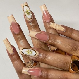 3d Press on Nails Long Square Fake Nails Glossy Full Cover Acrylic Nails with Rose Water Wave designs Autumn False Nails with Glue on Nails Prettey Nails for Women Girls Fall Nails Decor