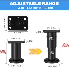 4 PCS Furniture Legs Adjustable, Metal Sofa Replacement Support Feet, Legs Adjustable Height Bed Support Legs, Furniture Foot for Sofa, Dresser, Table, Cabinet (Black, Adjustable height 8CM - 12CM)