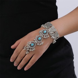 Vintage Bollywood Ethnic Finger Ring Bracelet for Women and Girls, Gemstones, Beads, Ball, Adjustable Chain, Link Harness, Slave Wrist Bracelets, Rings, Boho, Indian, Oxidized,, Metal, Cubic Zirconia