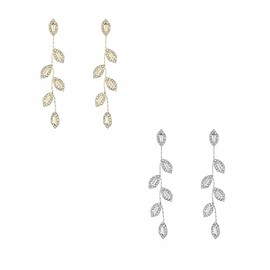 2 Pairs Elegant Long Leaf Drop Dangle Earrings Set Leaves Olive Rhinestone Crystal Threader Bridal Wedding Engagement Jewelry for Women