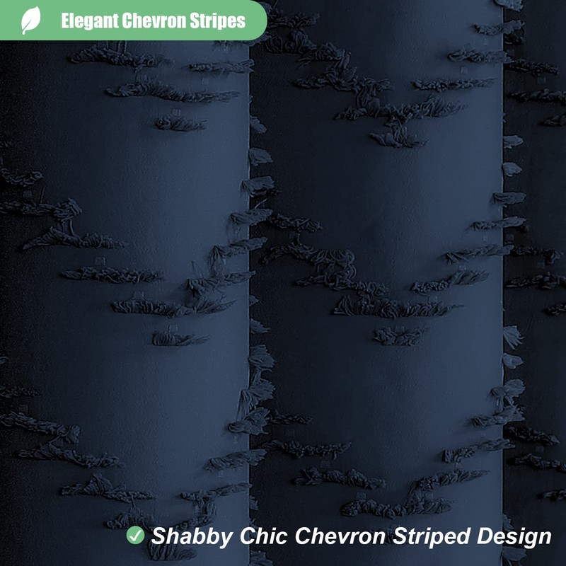 Dynamene Boho Farmhouse Shower Curtain, Navy Blue Fabric Tufted Chevron
