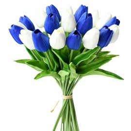 Mandy's 20pcs Blue and White Flowers Artificial Tulip Silk Fake Flowers 13.5" for New Year Spring Mother's Day Easter Valentine’s Day Gifts in Bulk Home Kitchen Wedding Decorations