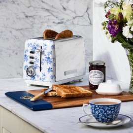 VQ Laura Ashley China Rose Stainless Steel 2 Slice Toaster | Bagels & Bread Toasters 2 Slices Wide Slot with Adjustable Heating & Defrost Mode | Grille Pain 2 tranches with Croissant Warming Rack