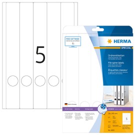 HERMA 4830 Ordnerrücken Etiketten lang schmal, 25 Blatt, 38 x 297 mm, 5 pro A4 Bogen, 125 Stück, selbstklebend, bedruckbar blickdicht Inkjet Ordneretiketten Rückenschilder Spezialpapier Aufkleber weiß