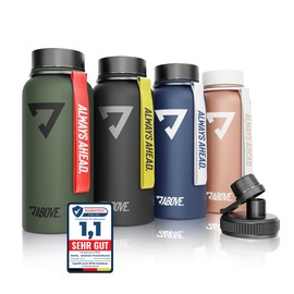 ABOVE. Stainless steel drinking bottle, 1 litre, double-walled, 2 drinking caps, BPA free, carbonated cap, suitable I thermos flask, 1 litre, fitness, sport, gym., Rose Gold