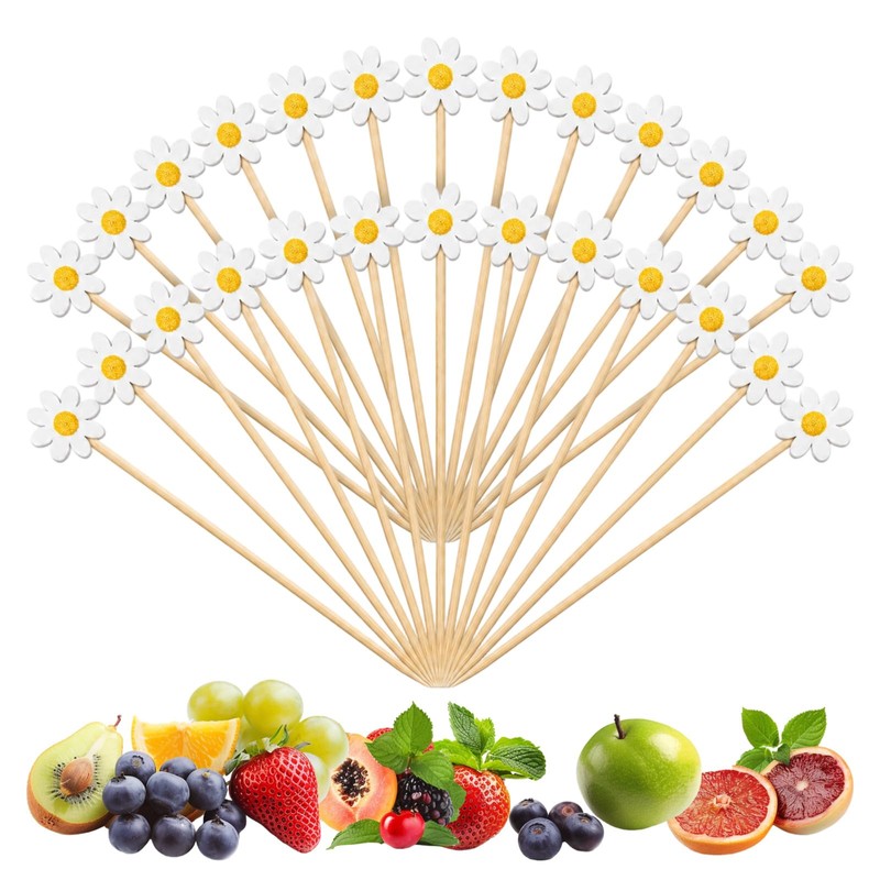 50Pcs Daisy Cocktail Picks 12cm Flower Cocktail Toothpicks Bamboo Daisy
