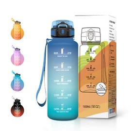 JAPORIA Borraccia 1.5L con Cannuccia, Marcatori Temporali, Senza BPA, a Prova di Perdite, Bottiglia Acqua Riutilizzabile per Fitness, Scuola e Ufficio
