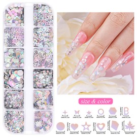 5 Boxes 60 Colors Holographic Nail Art Sequins Kit, Iridescent Sparkle Laser Hollow 3D Star Butterfly Heart Round Mixed-shapes Nail Glitter Flakes for Manicure Body Makeup Craft DIY (2-colorful-kit2)