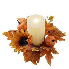 2 Pieces Pumpkins Maple Leaves Candle Rings Wreaths with Sunflower Fall Candle Rings Thanksgiving Day Ring Holder Mini Autumn Artificial for Wedding,Door Tabletop Decoration (Orange)