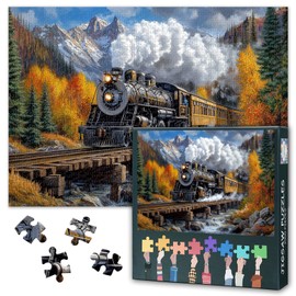 Jigsaw Puzzles for Adults, 1000 Pieces, Vintage Steam Train Over Wooden Bridge, Autumn Landscape, Train Art, Premium Paper Puzzle, Relaxing Challenge 70 x 50 cm