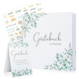 Liebeszeilen Guest Book Wedding | 44 Double Pages + Bride and Groom Pages | with 65 Stickers + Stand | 21 x 21 cm | Space for Photos + Personal Words | Thread-Bound