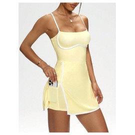 SweatyRocks Women's Tennis Dress with Built in Shorts and Bra Spaghetti Strap Split Hem Golf Dress Yellow Large