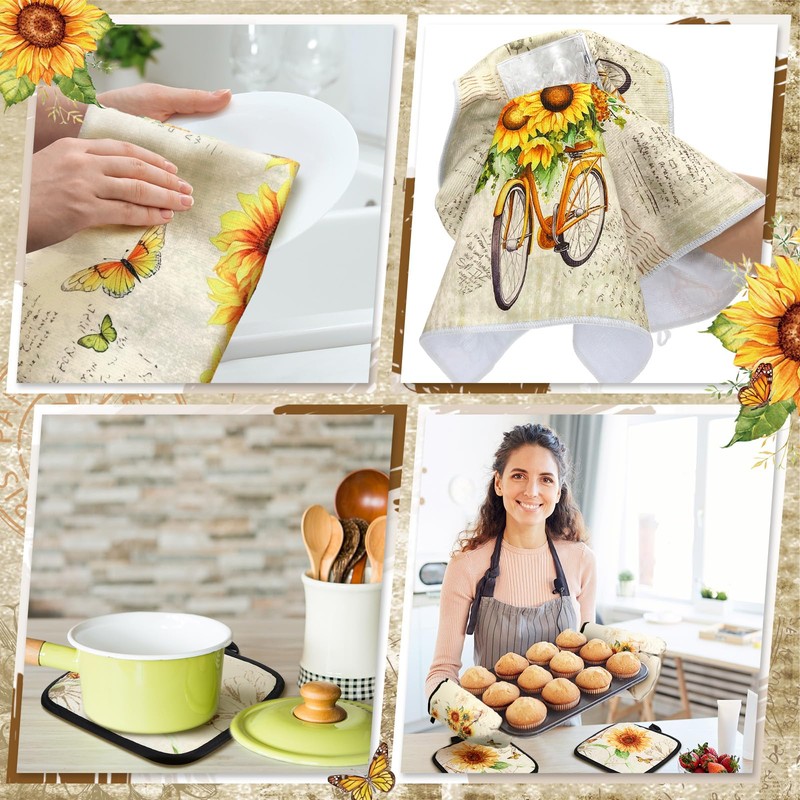 Fourluoo 10 Pcs Sunflower Kitchen Dish Towels Rugs Oven Mitts
