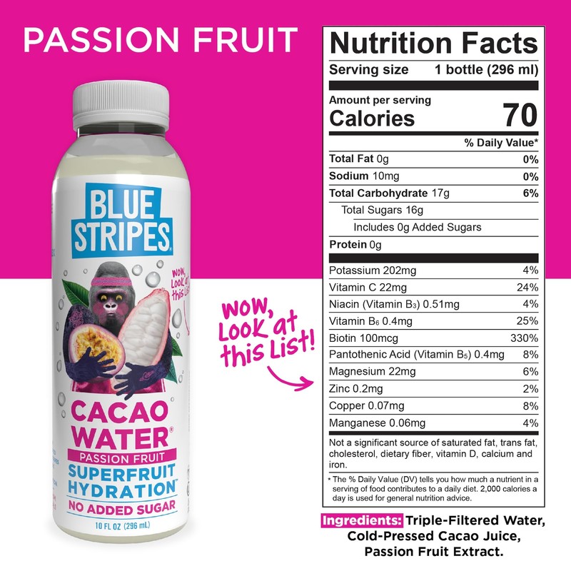Blue Stripes Cacao Water (Passion Fruit) - All-Natural, No Sugar