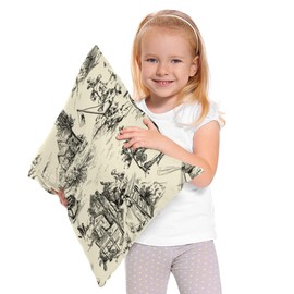 Zaueky Old Village Pillow Case Town Black and White Fishing Ancient Toile Countryside Home Decor Cotton Linen Throw Cushion for Sofa Couch Car Bedroom Square 18"X 18" Pillow Cover