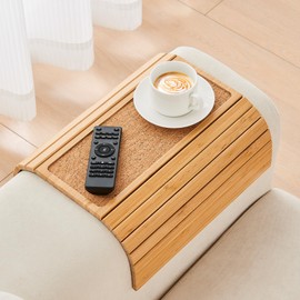 GEHE Bamboo Couch Arm Tray Table, Wide Sofa Arm Tray Armrest Table, Foldable/Flexible Sofa Organizer/Protector Perfect for Foods, Drinks, Snacks, Cup Holder, Remote Control or Phone, Anti-Slip Bottom