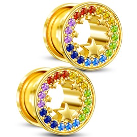 Jewseen Surgical Steel Ear Gauges Plugs Rainbow Cubic Zircon Ear Tunnels Star Gauges for Ears Gold Ear Plugs for Women 2g-5/8’’