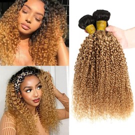 1B27 Human Hair Bundles Ombre Honey Blonde Curly Wave Bundles Brazilian Remy Human Hair 3 Bundles Hair Weaves Double Weft Honey Blonde Hair Bundles 22 24 26 Inch For Women