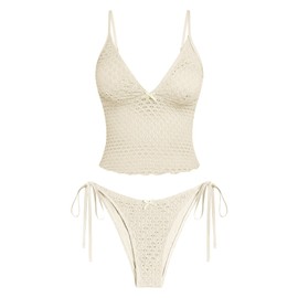 ZAFUL Tankini Swimsuits for Women Lace Jacquard Bowknot Decor Tummy Control High Cut Tanga Tankini Set(A-Beige, L)