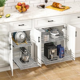 WelFurGeer 2-Tier Kitchen Cabinet Pullout Shelf and Drawer Organizer, Soft Close Pantry Pull Out Shelves, Heavy Duty Pull Out Cabinet Organizer with Shelf Liner for Kitchen Cabinets, Pantry Storage