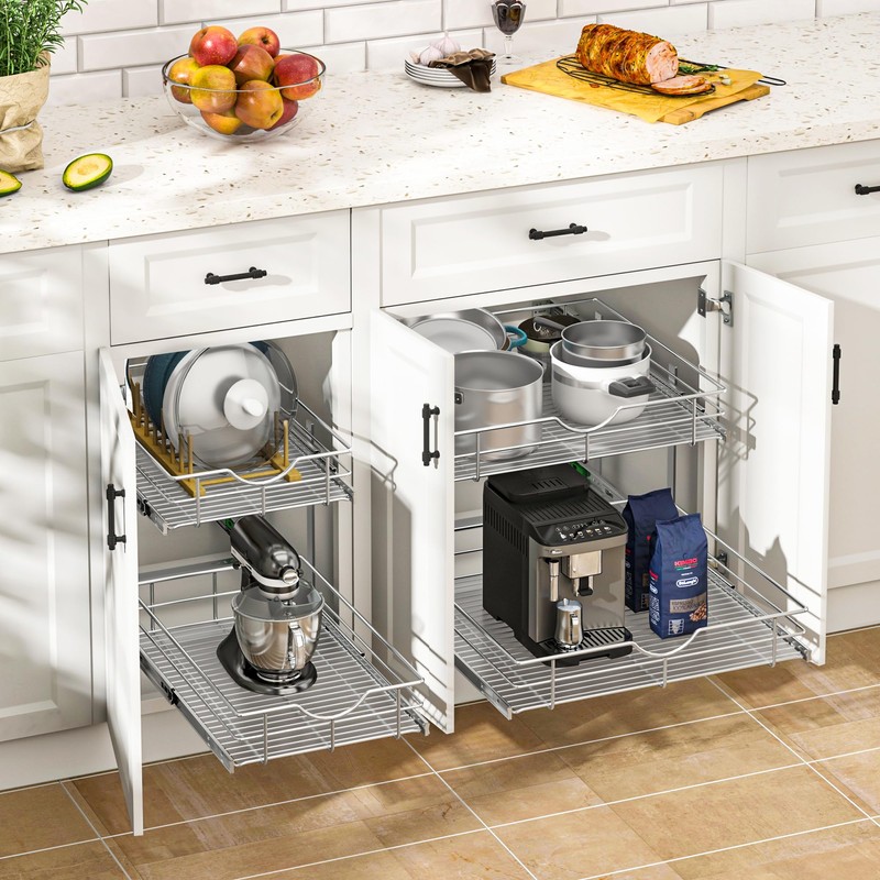 WelFurGeer 2-Tier Kitchen Cabinet Pullout Shelf and Drawer Organizer, Soft