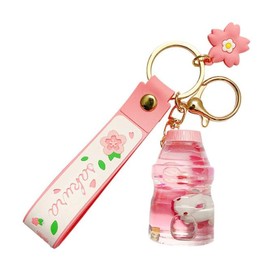 KUPOOL Creative floating Cherry blossoms Rabbit Keychain Liquid Oil Rabbit Moving Heart Milk tea cup Keyring Quicksand Key Chain Gift, Pink (ZRX-SY11)