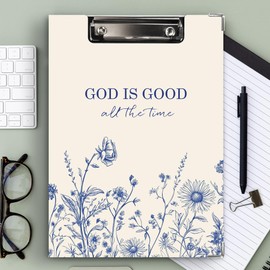 Ku-dayi Blue Christian Floral Clipboard Padfolio with Storage Pocket, God is Good All The Time Bible Verse Wildflower Low Profile Clip Boards for Nurse Office Classroom, 12.4 x 9.25 in