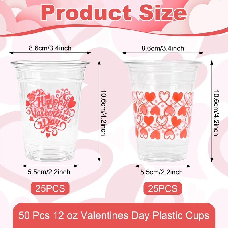 50 Pcs 12 oz Valentine’s Day Plastic Cups, “Happy Valentine’s