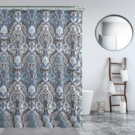 Decorative Blue & Silver Grey Gray Boho Fabric Shower Curtain, Modern Farmhouse for Vintage Rustic Bathroom Decor, Floral Victorian, 72 x 72