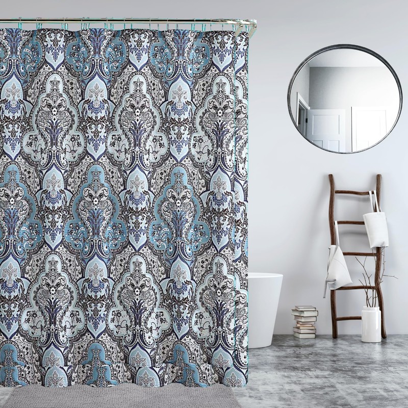 Decorative Blue & Silver Grey Gray Boho Fabric Shower Curtain,