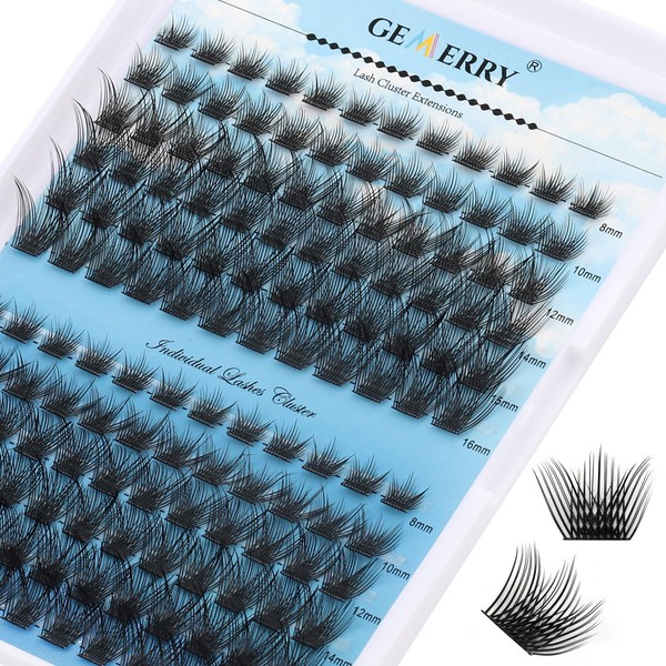 Cluster Eyelash Extensions, 144 Pieces, Cluster Eyelashes, Individual Eyelashes, D-Curls, 0.07 mm, 8-16 mm Wide Stem, Natural Eyelashes, DIY Eyelash Extensions, GEMERRY Eyelashes (SN01-D-0.07-8-16 mm)