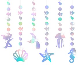 Mermaid Birthday Decoration Iridescent Mermaid Garland with Mermaid Seashell Starfish Jellyfish Seahorse Holographic Pearl Streamer Underwater World Children's Birthday Party Decoration