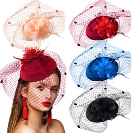 Bunnycool 4 Pcs Derby Tea Party Hat for Women 1930s Pill Box Hat with Veil Fascinator Vintage Broad Brim Leaf Flower Peacock Headwear for Ladies Church Funeral Wedding Bridal Shower Gift Decoration