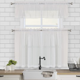 Chyhomenyc Sheer Window Valance Curtains, 2PCS Set, Light Filtering Valances Windows Treatment, Small Rod Pockets Voile Sheer Curtains for Living Room/Bathroom/Basement, 42Wx14L in, Set of 2, Ivory