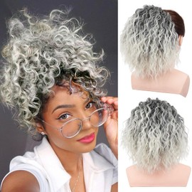 PORSMEER Wavy Curly Ponytail Extension,10 inch Ombre Silver Grey Drawstring Ponytail for Women Ladies Short Soft Natural Synthetic Hairpiece High Pony Hair Bun For Daily Use/Party