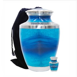 Ocean Lover's Human Cremation Urn with Marching Keepsake, Velvet Bag and Personalization, Blue Ocean Funeral Urn Set