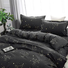 Zodiac Duvet Cover Kids Bedding - Black Duvet Cover Constellation Printing Cover Set Twin Size Mysterious Star Bedding Cover 3PC (1 Quilt Cover with 2 Pillowcases), ZHH
