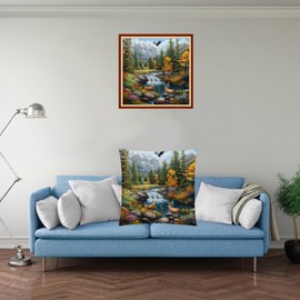 Fanxvivy Stamped Cross Stitch Kits for Adults Beginners Pillow Needlepoint Kit with Embroidery Pattern Needlework Kit Prestamped Stitches Kit 11CT Cross Stitching-Deer Landscape 18x18 inch