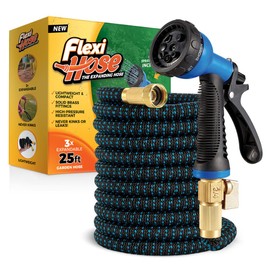 Flexi Hose Expandable Garden Hose with 8 Function Nozzle, 25FT - Lightweight Retractable Garden Hose, Water Hose - No-Kink Flexibility, 3/4 Inch Solid Brass Fittings and Double Latex Core