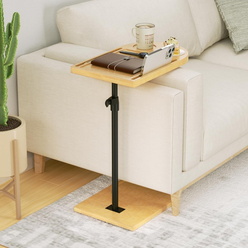 Livofloral Bamboo C Shaped End Table, 360° Rotatable TV Tray
