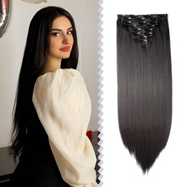 Elailite Clip-In Extensions, Natural Black, Hair Extensions, Straight, 8 Wefts Hair Extensions Clip, 58 cm, 140 g for Full Head