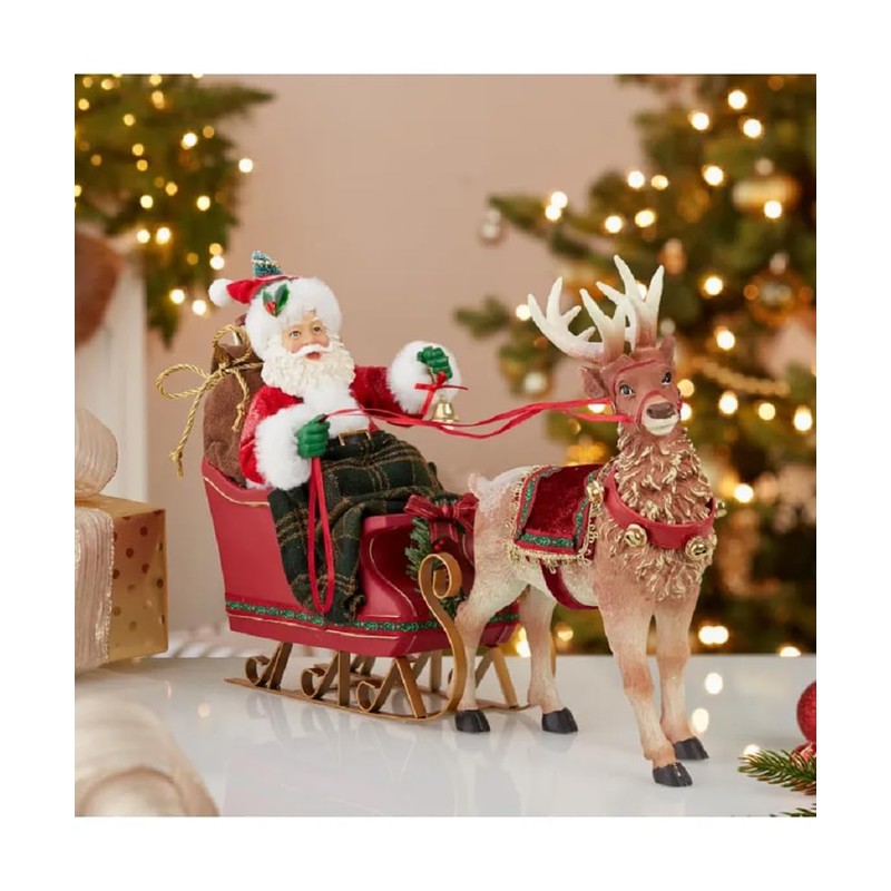 Kurt Adler Fabriché 10-Inch Santa in Sleigh with Deer Tablepiece
