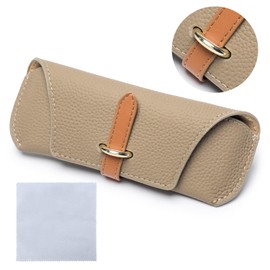 funtto Genuine Leather Glasses Case, Eyeglass Case, With Strap, Stylish, Adult, Cute, Glasses Case, Glasses, Eyeglass Holder, Thin, Slim, Compact, Girls, Boys, Leather, Brand, Women's, beige, (greige)