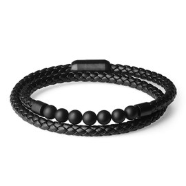 COAI Mens Matte Onyx Stone Beaded Leather Bracelet