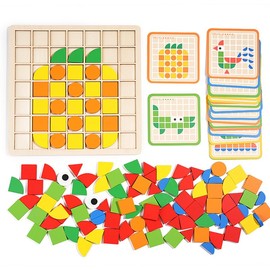 EduLand Montessori Practical Life/Sensorial Puzzle Mosaic Shape Wooden Tile Pattern Blocks, 120 PCS Puzzles Grid Board with Cards, Educational Geometric Shape Puzzle Toys for Kids Ages 3-8