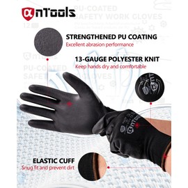 AnTools 12 Pairs Skin-Friendly PU-coated Work Gloves, Seamless Knit, Lightweight, Flexible, General-Duty Work Gloves for Men and Women, Black, Medium