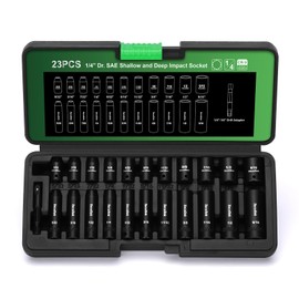 TecoTek 23 Pieces 1/4-Inch Drive Shallow and Deep 12-Point Impact Socket Set, CR-V, 5/32 to 9/16 in, SAE, 1/4"-1/4" Drill Adapter