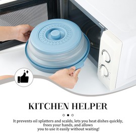 foergenova 10.7 inch Microwave Splatter Cover & Trivet for Hot Dishes — works as Colander, Fruit Plates, with Insulated Handle, Anti-scald, Microwave & Dishwasher Safe（Blue）